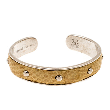 TOD'S Mustard Leather Studded Silver Tone Narrow Cuff Bracelet