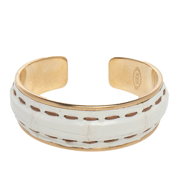 TOD'S Gold Tone Stitch Detail White Leather Narrow Cuff Bracelet