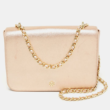 TORY BURCH Metallic Rose Gold Leather Emerson Shoulder Bag