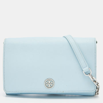 TORY BURCH Light Blue Saffiano Leather Robinson Wallet On Chain