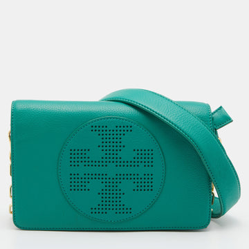 TORY BURCH Green Leather Perforated Kipp Crossbody Bag