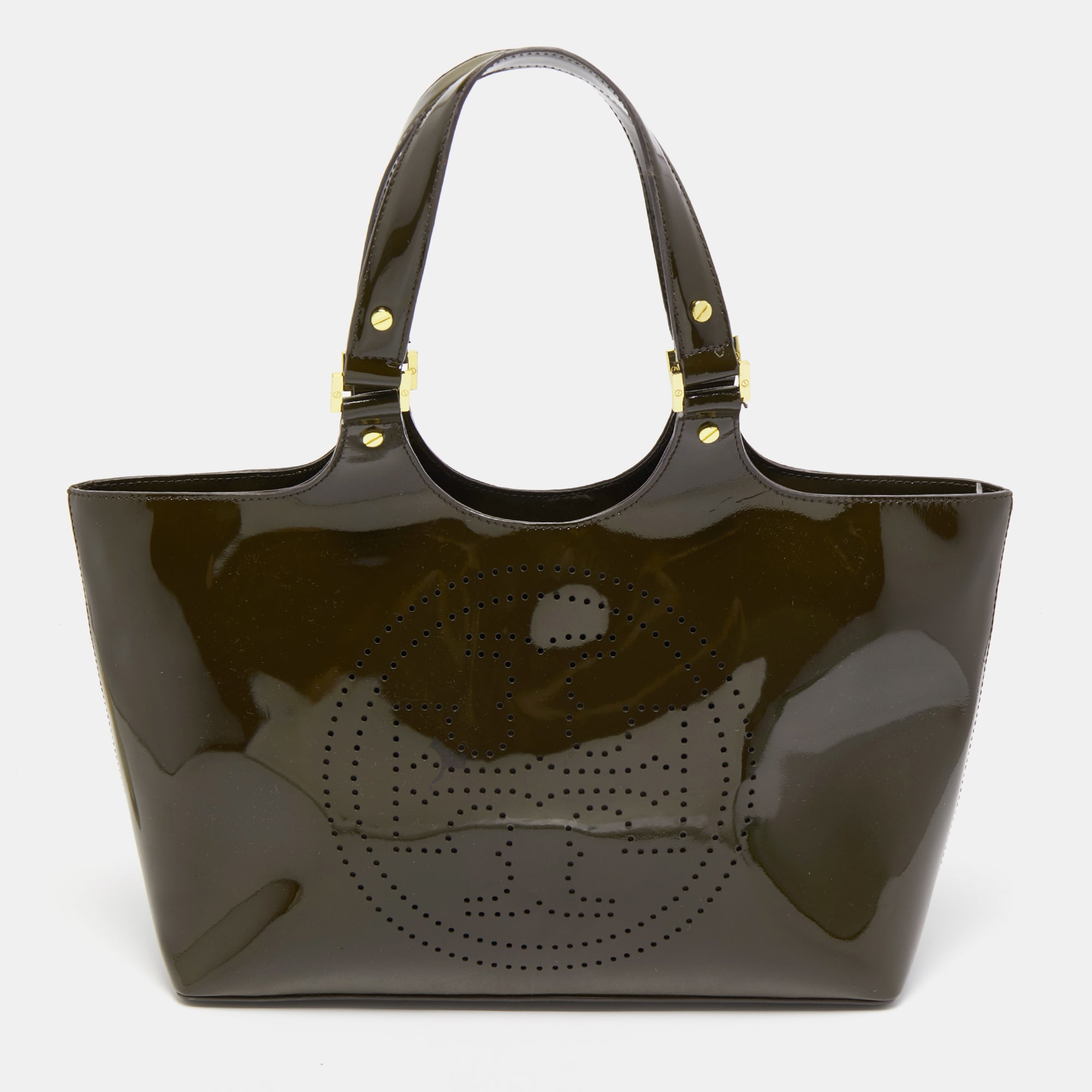 TORY BURCH Dark Olive Green Patent Leather Perforated Tote