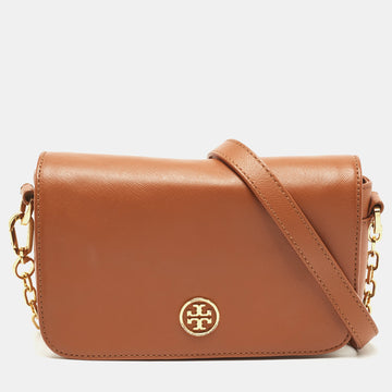TORY BURCH Brown Saffiano Leather Robinson Chain Shoulder Bag