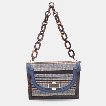 TORY BURCH Multicolour Stripe Nylon and Leather Flap Chain Linked Shoulder Bag