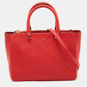 TORY BURCH Red Perforated Leather Robinson Double Zip Tote