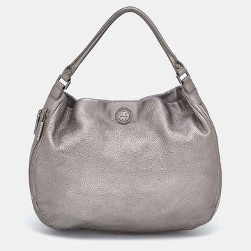 TORY BURCH Metallic Grey Soft Leather Double Expandable Zip Hobo