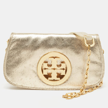 TORY BURCH Gold Laminated Leather Reva Logo Crossbody Bag