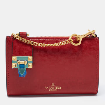 Valentino Red Leather Rockstud Twist Lock Zip Wallet