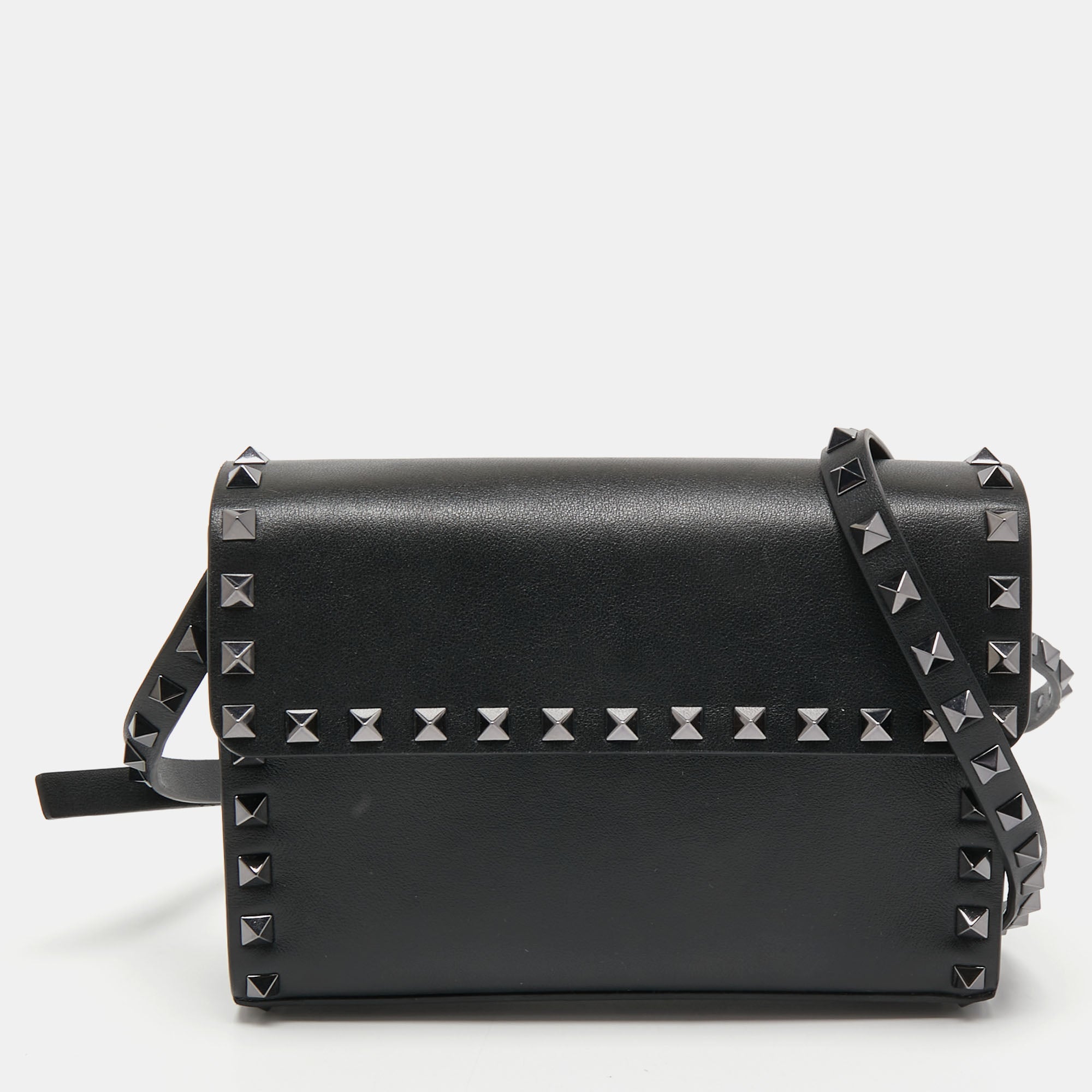 Valentino Black Leather Rockstud Flap Crossbody Bag