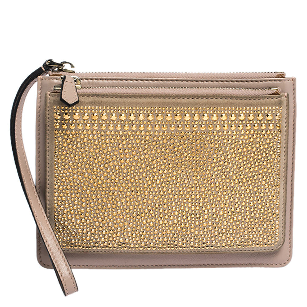 VALENTINO Nude Beige Gold Leather and Suede Studded Wristlet Pouch