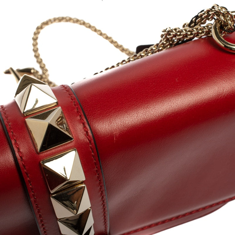 Valentino Red Leather Rockstud Glam Lock Medium Flap Bag - Yoogi's Closet