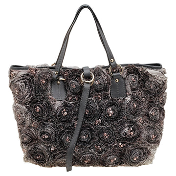 Valentino Grey Leather And Silk Organza Pearl Embellished Rosier Tote