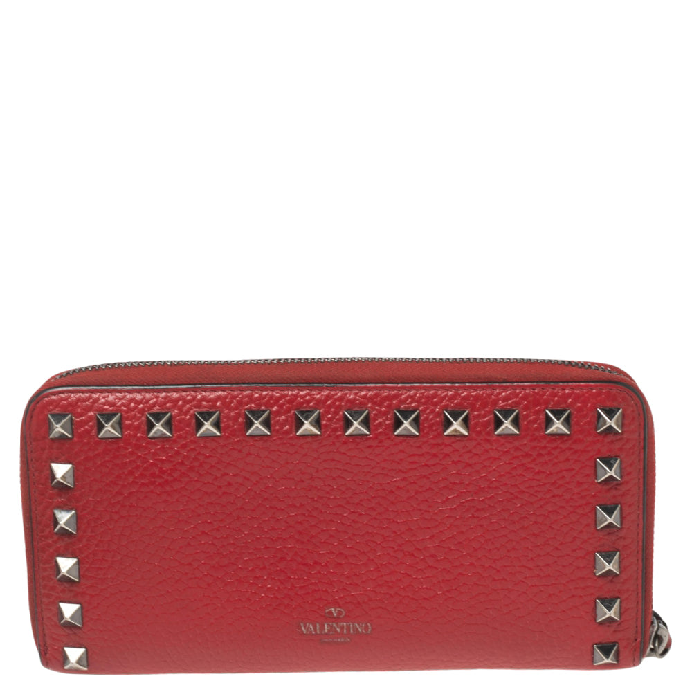 Valentino Red Grained Leather Rockstud Zip Around Wallet