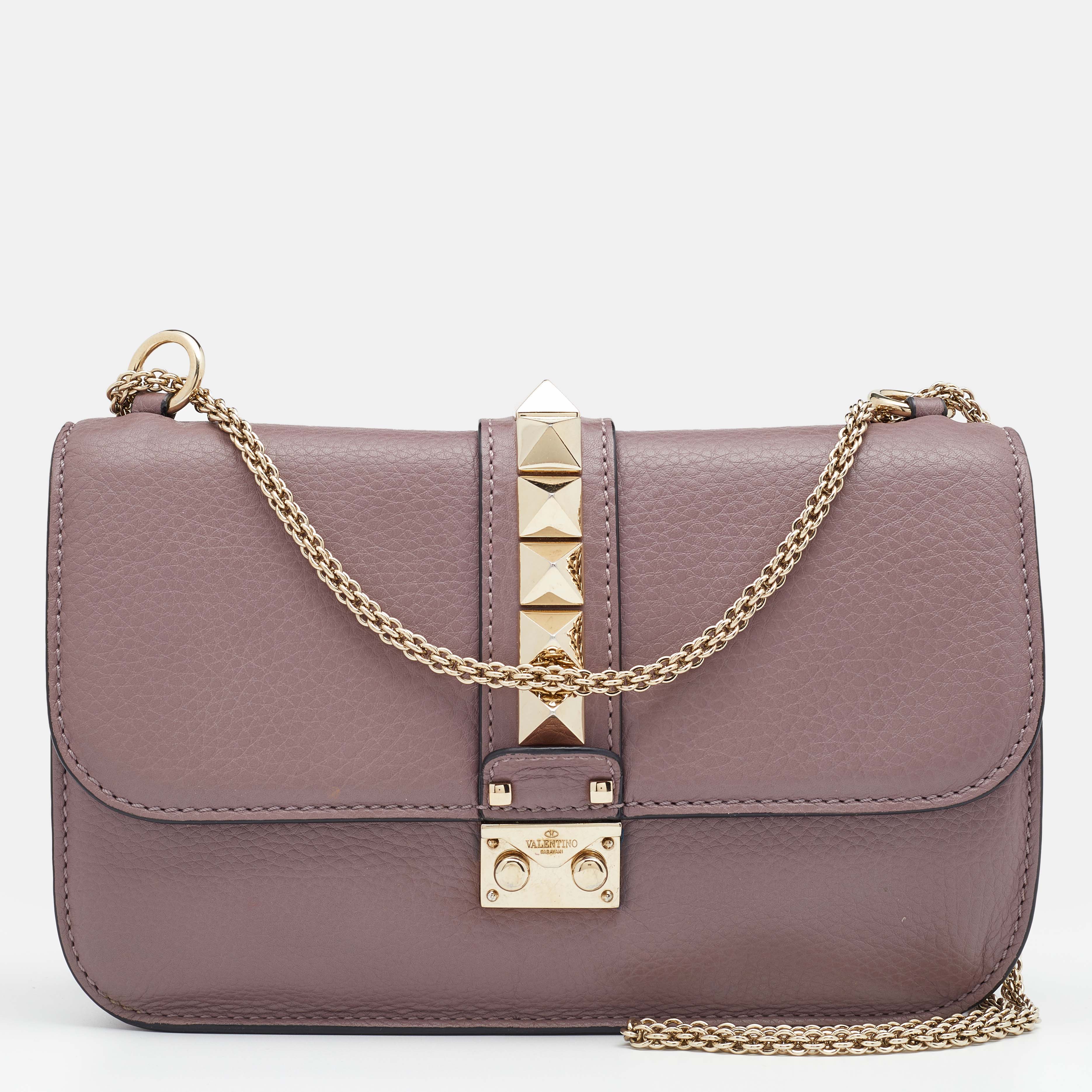 Valentino Old Rose Leather Medium Rockstud Glam Lock Flap Bag