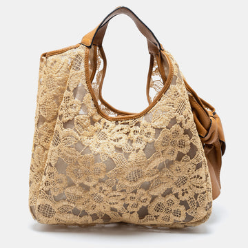 Valentino Caramel Brown Embroidered Raffia and Mesh Nuage Bow Hobo