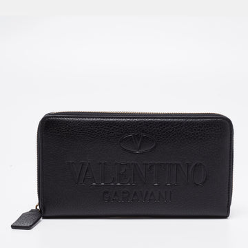 Valentino Leather Black Logo Zip Around Wallet