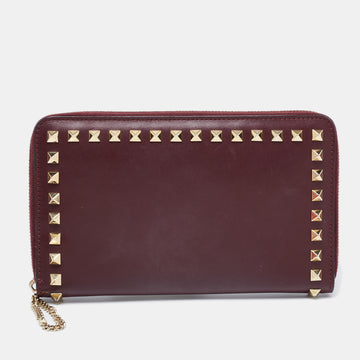 Valentino Burgundy Leather Medium Rockstud Zip Around Wallet