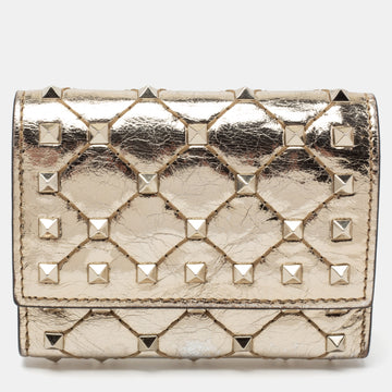 Valentino Gold Patent Leather Rockstud Spike Compact Wallet