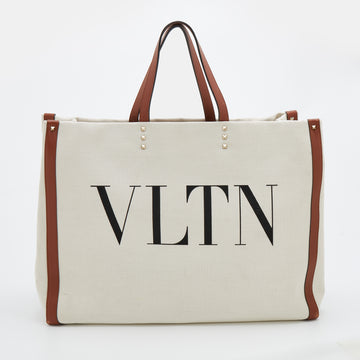 Valentino Off-White/Brown Canvas and Leather Large VLTN Logo Tote