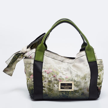 Valentino Multicolor Printed Nylon And Leather Double Pocket Bow Tote