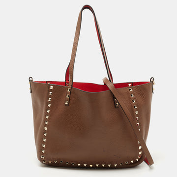 Valentino Brown/Red Leather Rockstud Reversible Tote