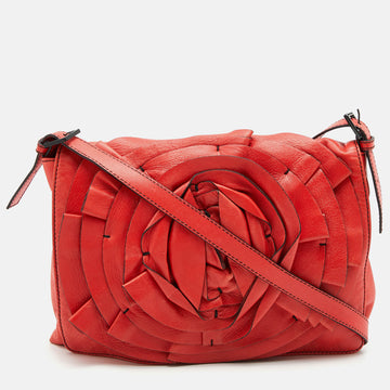 Valentino Coral Orange Leather Rose Flap Shoulder Bag