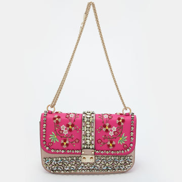 Valentino Pink/Beige Leather Medium Embellished Rockstud Glam Lock Flap Bag