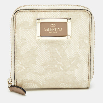VALENTINO Cream Lace Print Leather Logo Compact Wallet