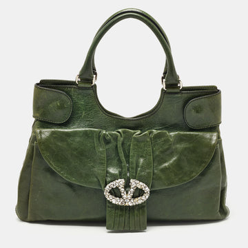 Valentino Green Glossy Leather Crystal Embellished Catch Tote