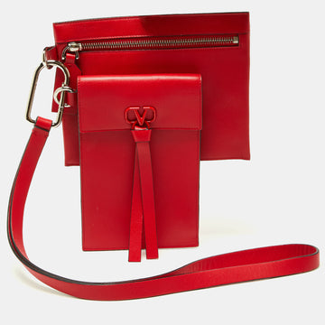 VALENTINO Red Leather VRing Double Wristlet Pouch