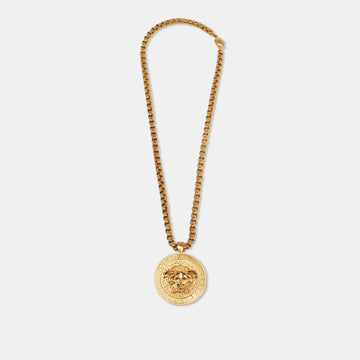 Versace Medusa Logo Medallion Gold Tone Chunky Pendant Necklace