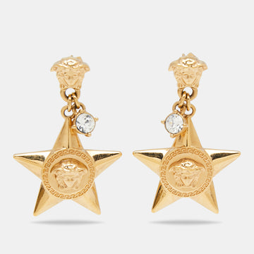 Versace Medusa Crystals Star Sterling Silver Gold Tone Drop Earrings