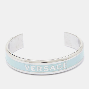 VERSACE Silver Tone Logo Enamel Medusa Open Cuff Bracelet