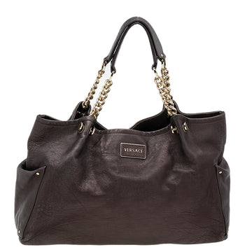 Versace Dark Brown Leather Charm Chain Shoulder Bag