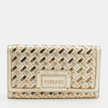 Versace Metallic Gold Woven Leather Flap Wallet On Chain