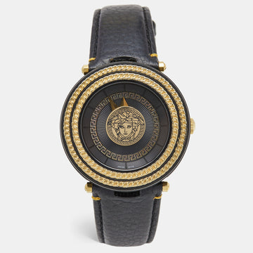 VERSACE Black Two Tone Stainless Steel Leather V-Metal Icon VQL03 0015 Unisex Wristwatch 46 mm