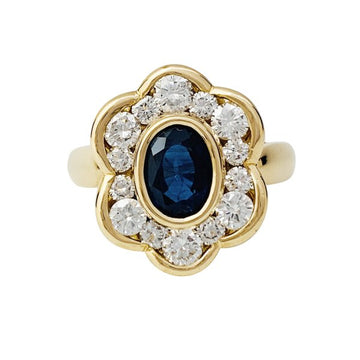 Yellow gold flower ring, sapphire and diamonds.