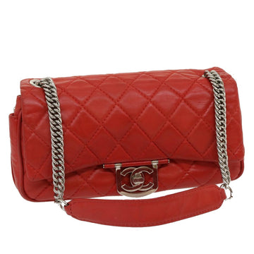 CHANEL Matelasse Chain Flap Shoulder Bag Lamb Skin Turn Lock Red CC Auth 35174A