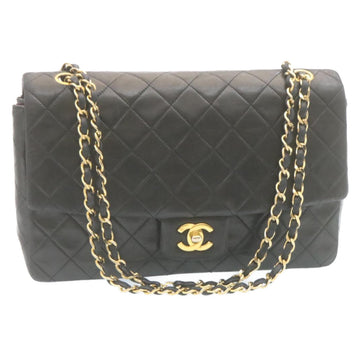 CHANEL Matelasse Double Chain Flap Shoulder Bag Lamb Skin Black Gold Auth 34511A