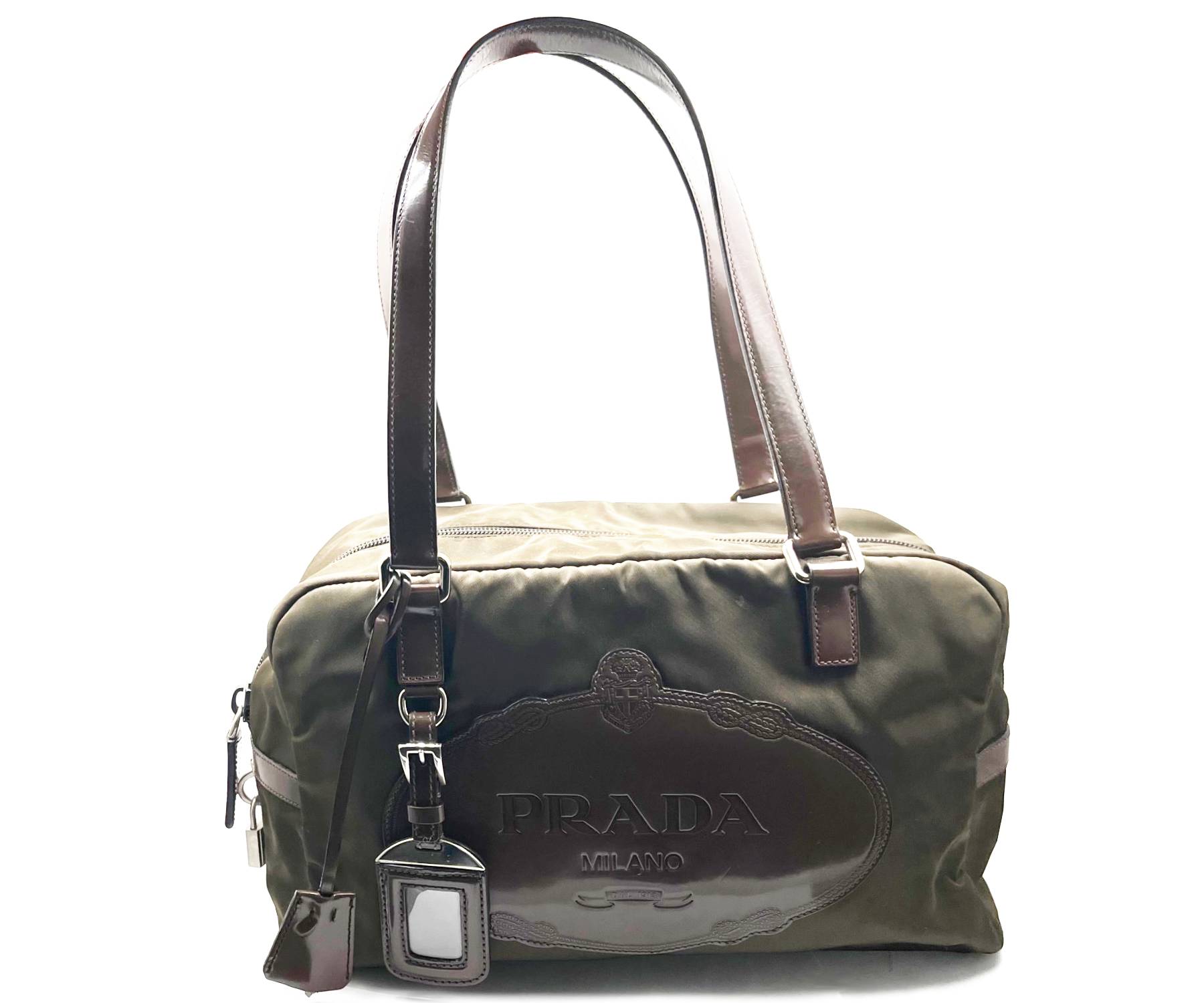 PRADA Dark Olive Leather Nylon Boston Bowling Bag