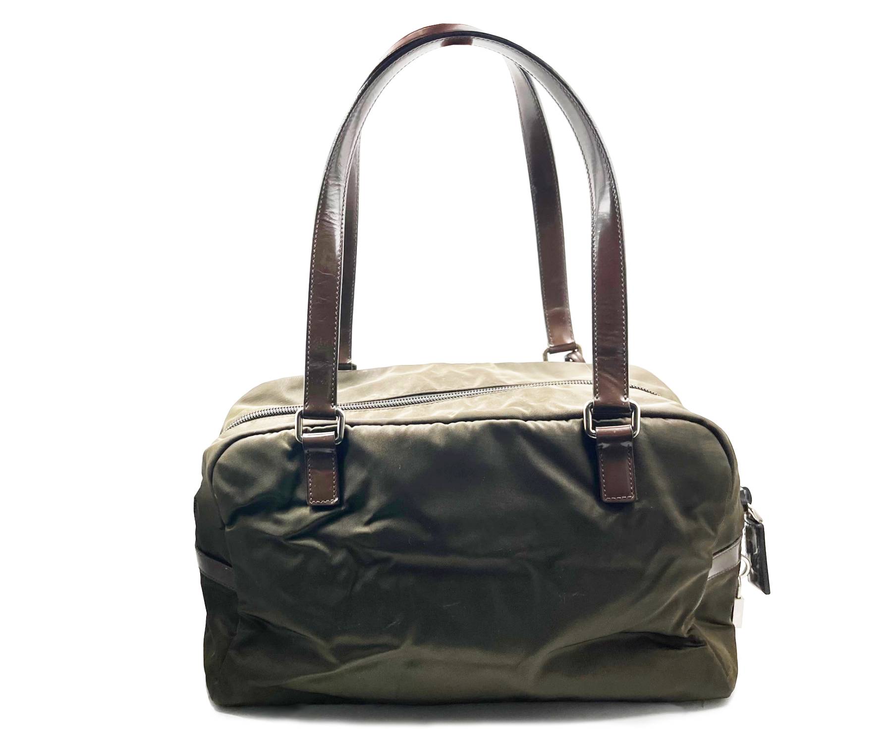 PRADA Dark Olive Leather Nylon Boston Bowling Bag