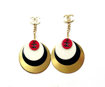 CHANEL Rare Gold CC Red White Black Gold Disc Dangle Piercing Earrings