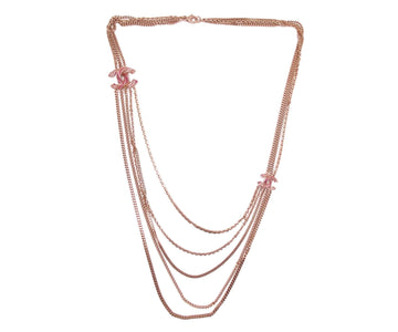 CHANEL Rose Gold Twisted CC Fuchsia Pink Crystal Multi Chain Necklace