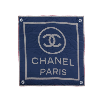 CHANEL Navy CC Logo Pink Trim Silk Scarf