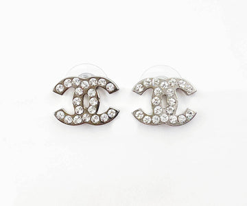 CHANEL Classic Silver CC Crystal Medium Piercing Earrings