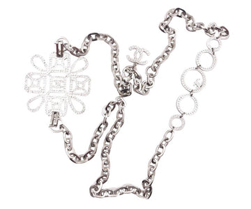 CHANEL Silver CC Pendant Ring Crystal Necklace