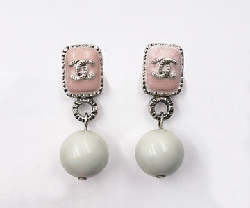 CHANEL Silver CC Pink Rectangle Mint Bead Drop Piercing Earrings