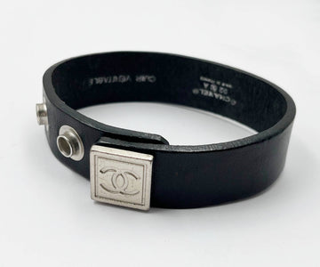 CHANEL Silver Square Black Leather Belt Bracelet