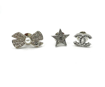 CHANEL Brand New Silver CC Star Bow Crystal 3 Pins