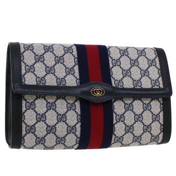 GUCCI GG Canvas Sherry Line Clutch Bag PVC Leather Gray Red Navy Auth th3692